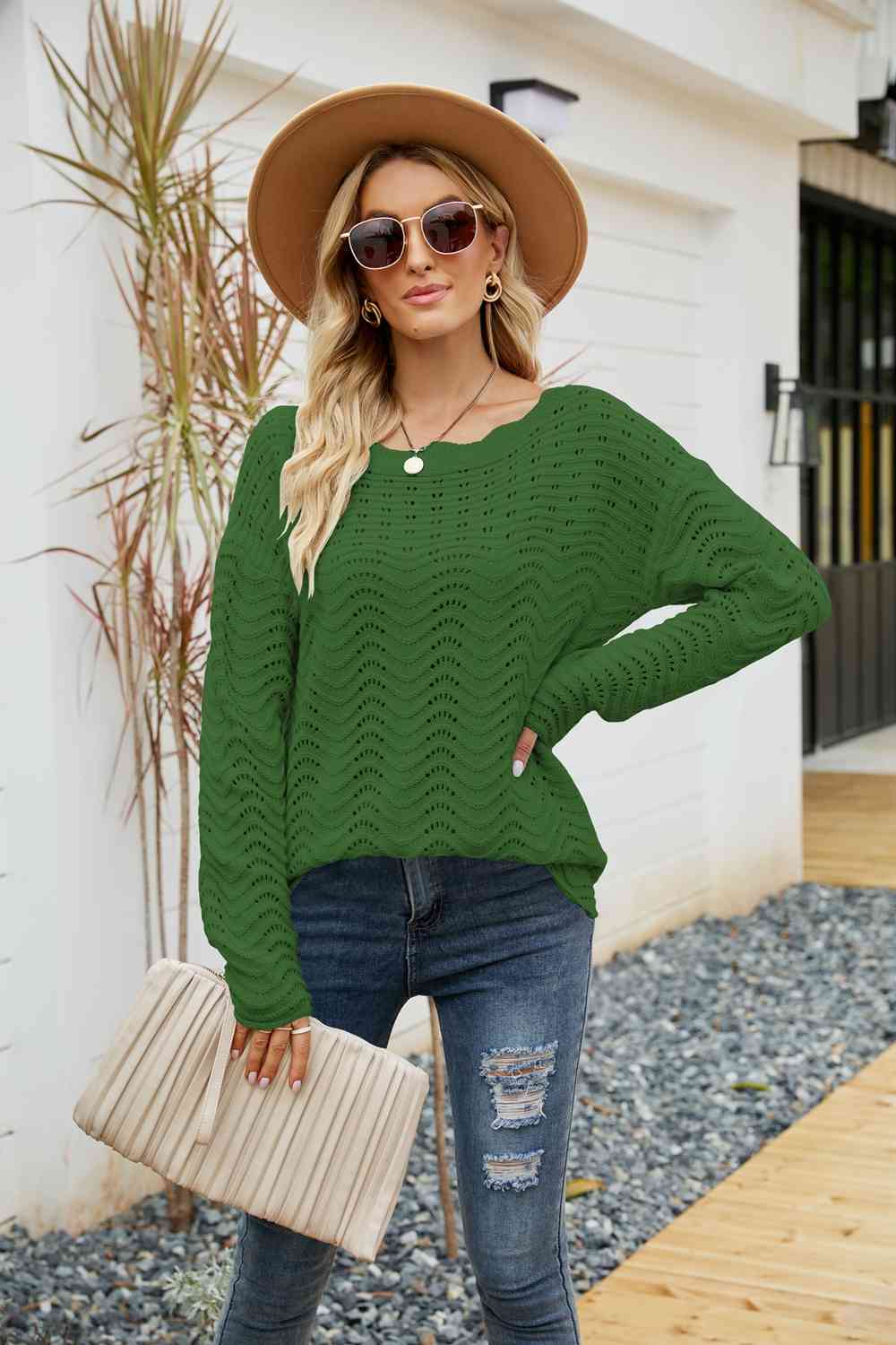 Woven Right Scalloped Boat Neck Openwork Tunic Sweater - Deals DejaVu