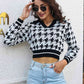Houndstooth Johnny Collar Cropped Sweater