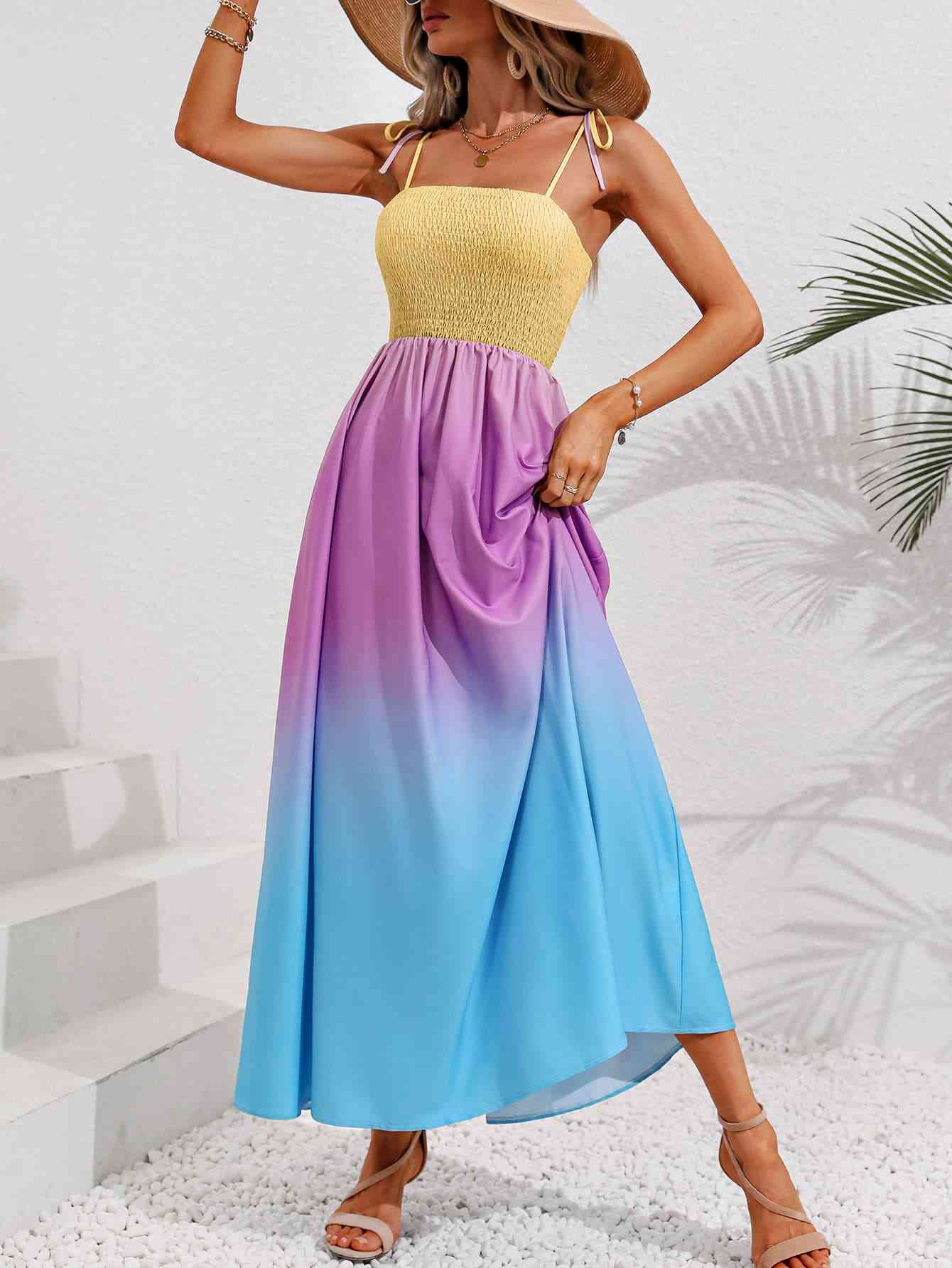 Color Block Tie Shoulder Smocked Maxi Dress (BWMT) T - Deals DejaVu