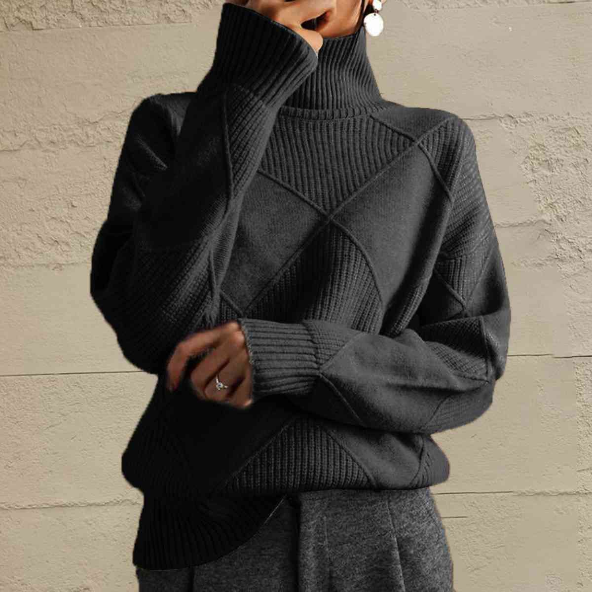 Geometric Turtleneck Long Sleeve Sweater - Deals DejaVu