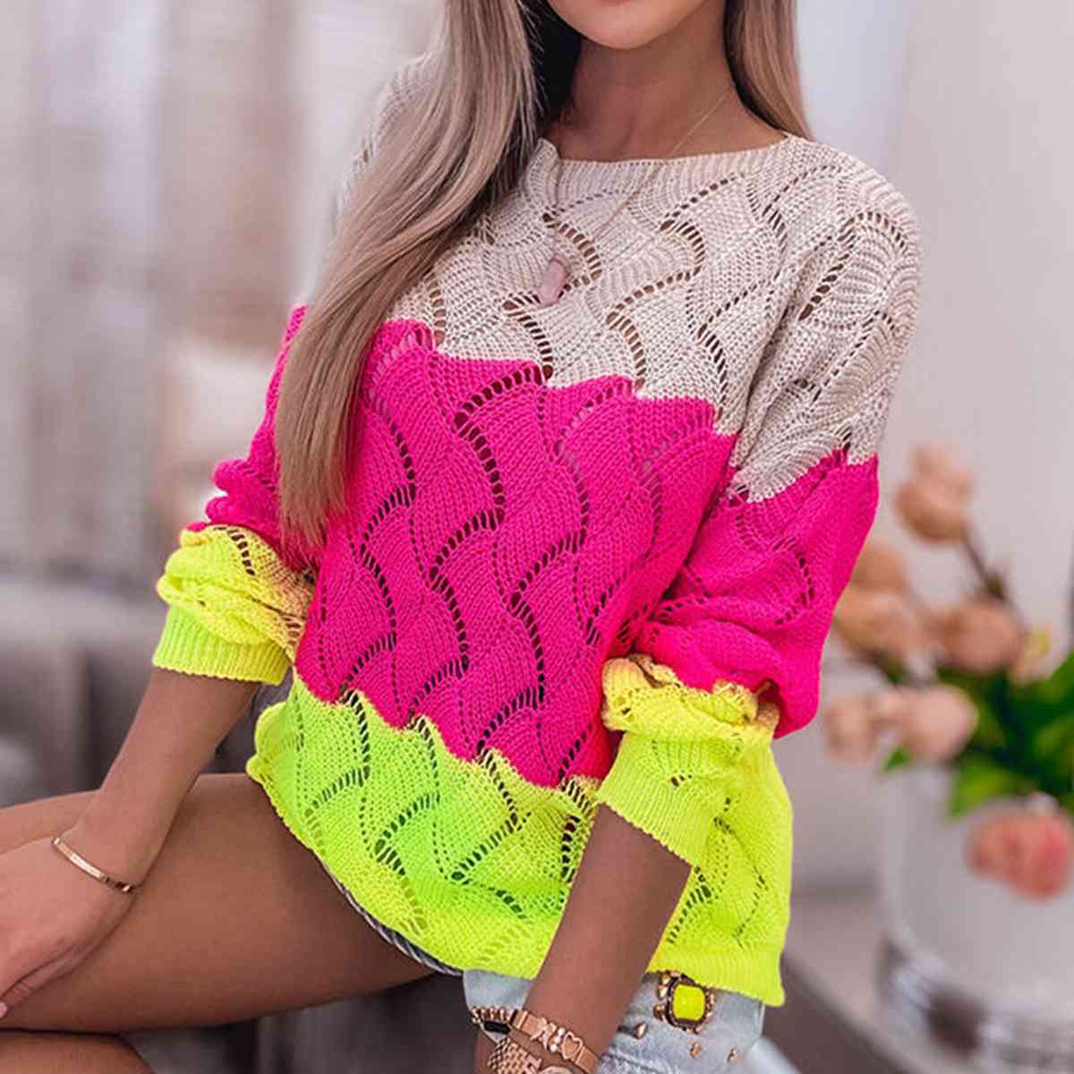 Openwork Color Block Pullover Sweater - Deals DejaVu