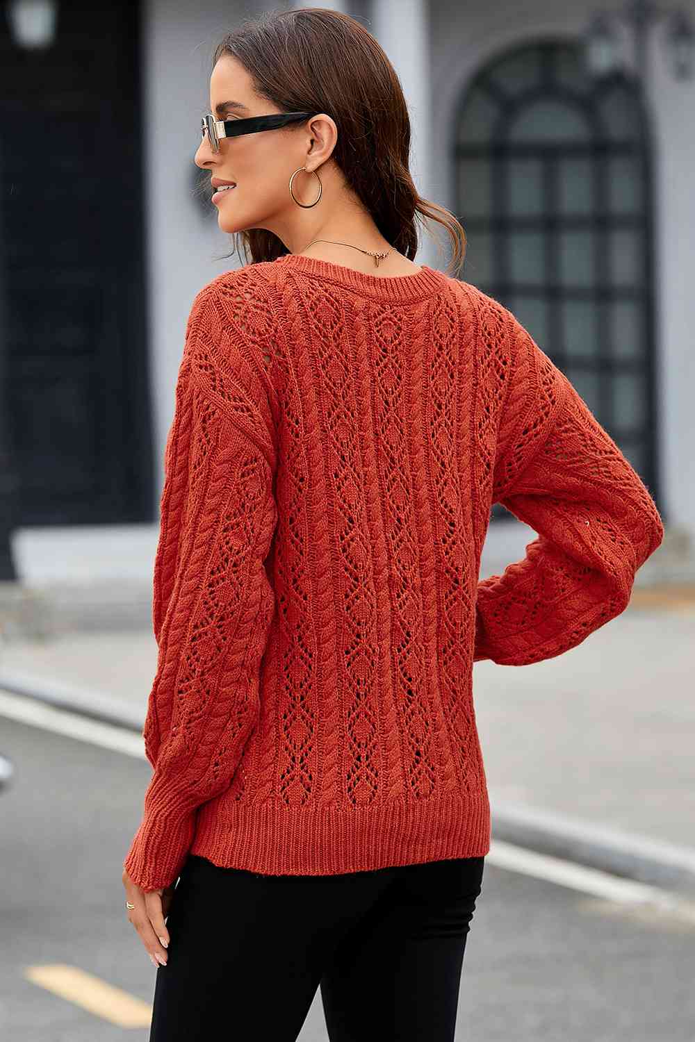 Cable-Knit Round Neck Long Sleeve Sweater - Deals DejaVu