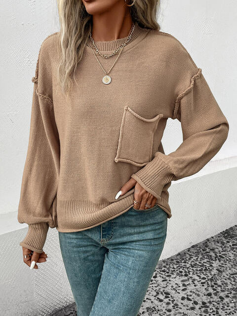 Exposed Seam Round Neck Sweater - Deals DejaVu