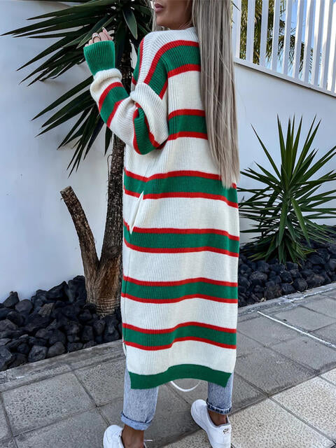 Striped Open Front Longline Cardigan - Deals DejaVu