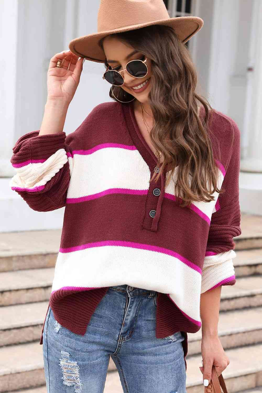 Striped Dropped Shoulder Side Slit Sweater - Deals DejaVu