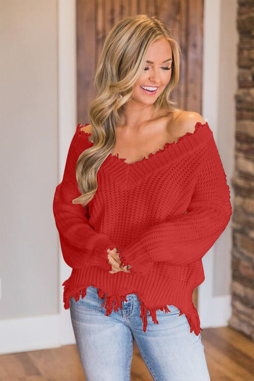 Frayed Hem Dropped Shoulder Sweater - Deals DejaVu