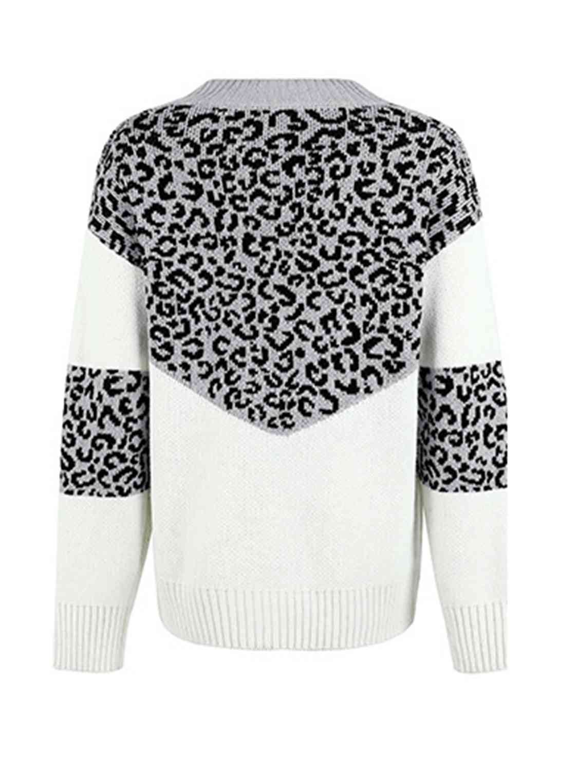 Leopard V-Neck Dropped Shoulder Sweater - Deals DejaVu