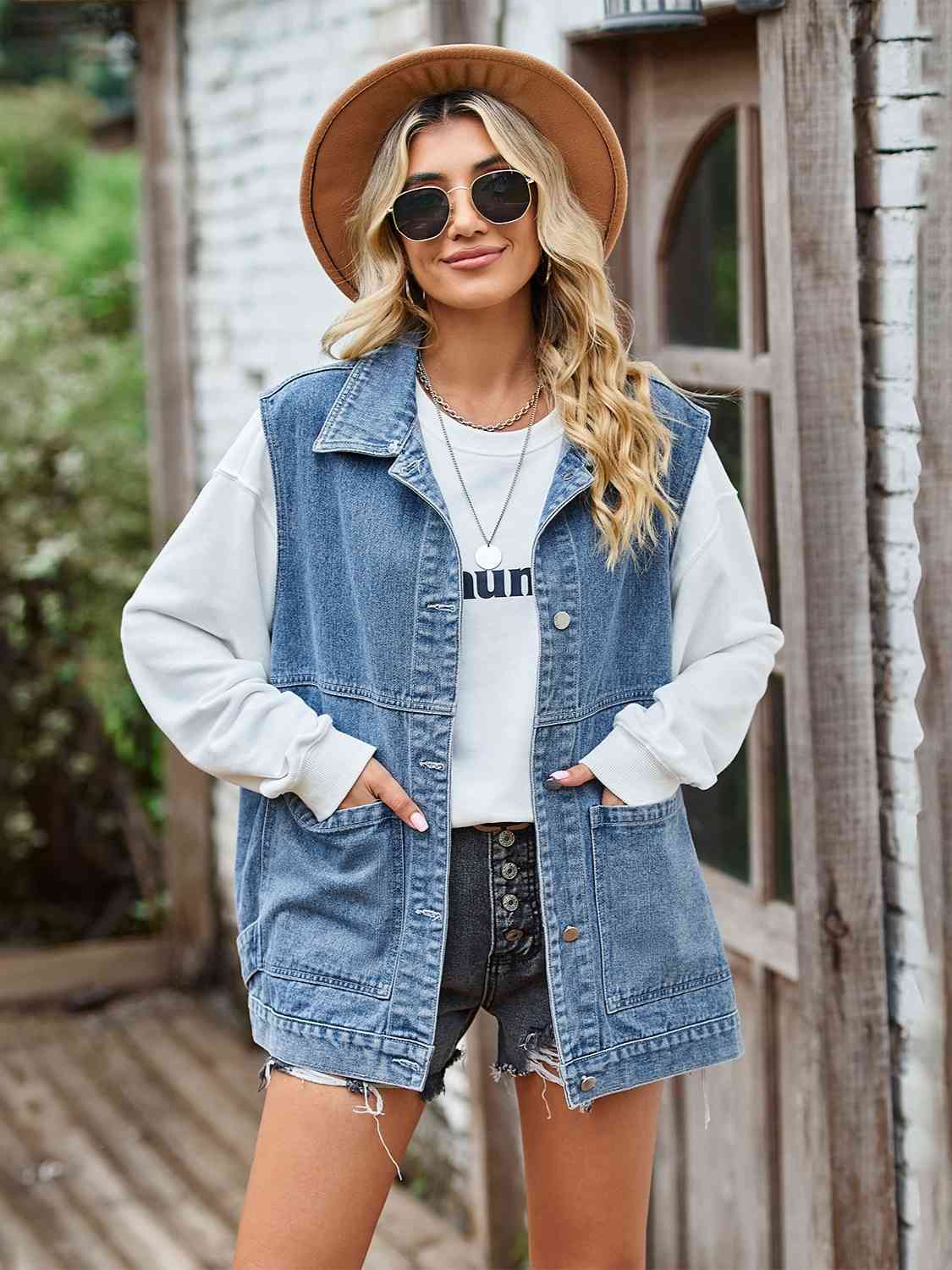 Button Front Sleeveless Denim Jacket - Deals DejaVu