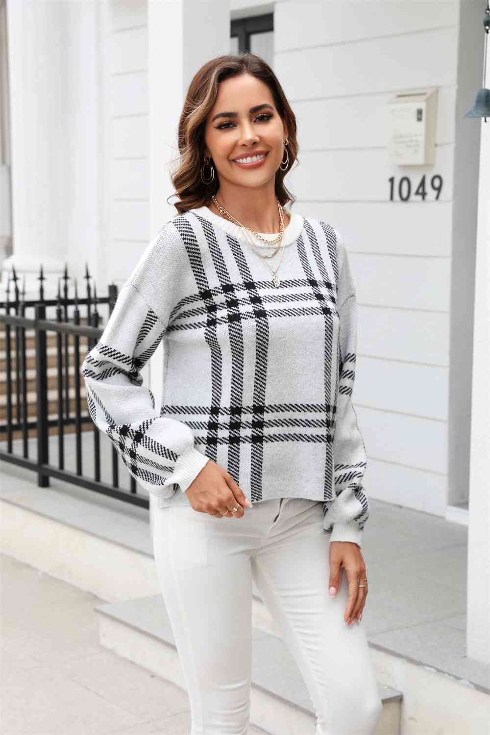 Printed Round Neck Dropped Shoulder Sweater - Deals DejaVu