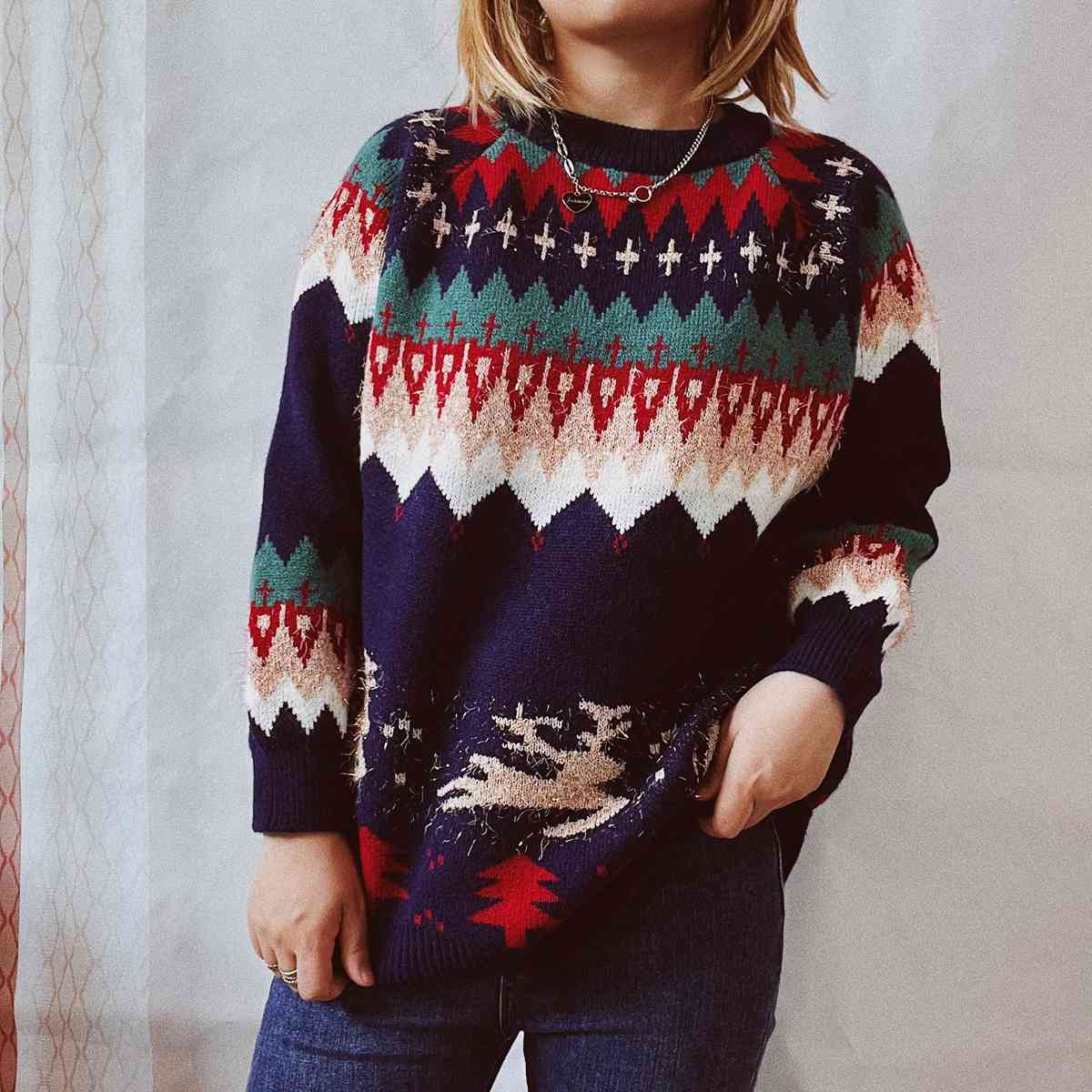 Christmas Element Long Sleeve Sweater - Deals DejaVu