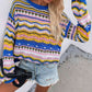 Rainbow Stripe Openwork Flare Sleeve Knit Top