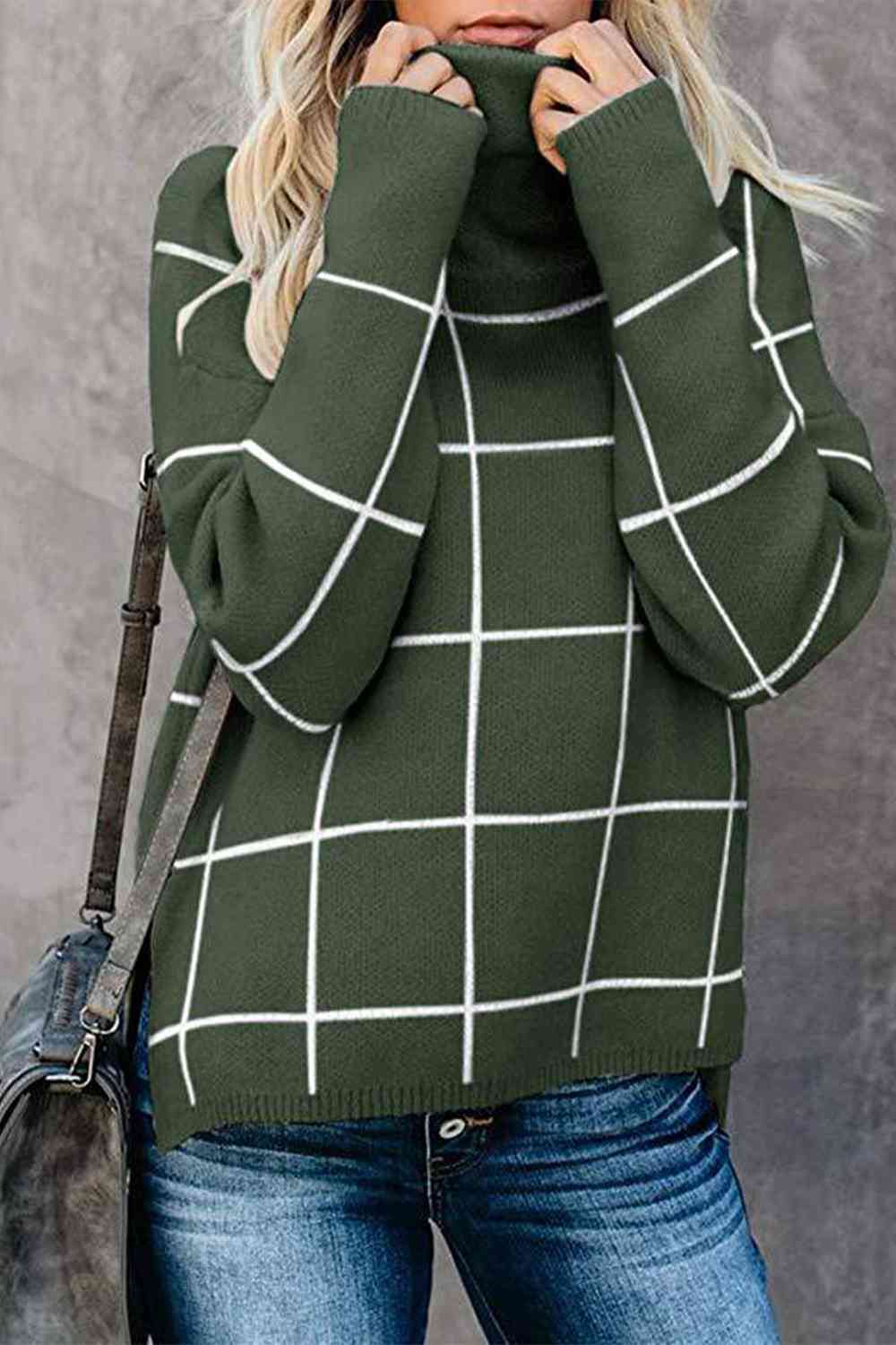 Plaid Turtleneck Drop Shoulder Sweater - Deals DejaVu