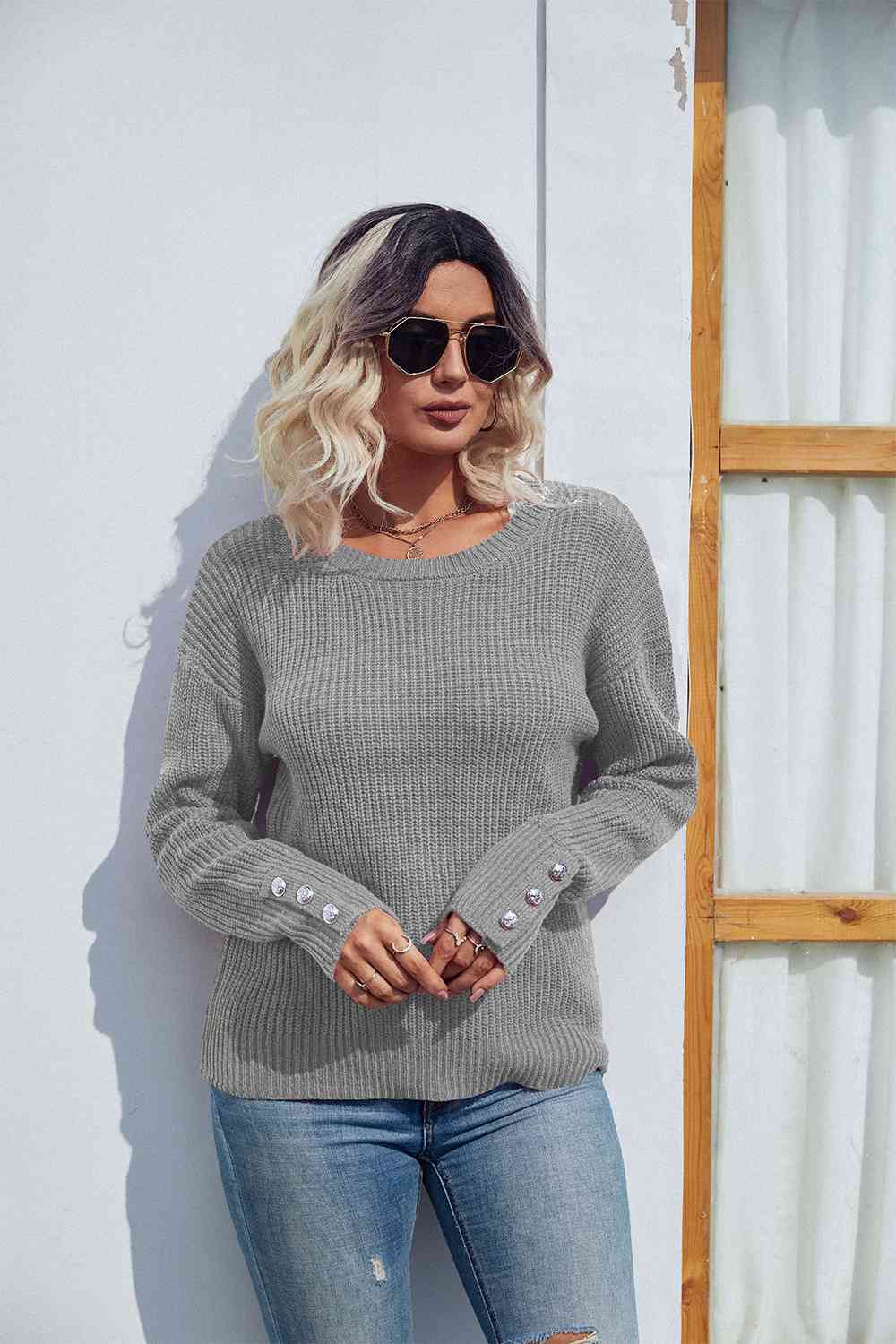 Round Neck Long Sleeve Waffle-Knit Sweater - Deals DejaVu