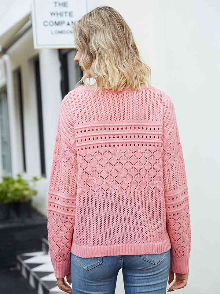 Round Neck Openwork Long Sleeve Sweater