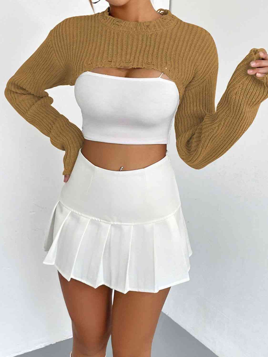 Distressed Long Sleeve Cropped Sweater - Deals DejaVu