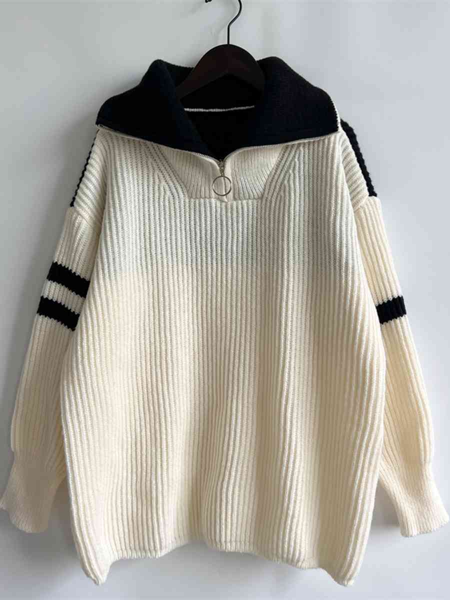 Ribbed Two-Tone Half Zip Sweater - Deals DejaVu