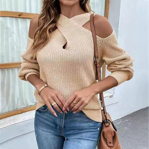 Crisscross Cold-Shoulder Sweater - Deals DejaVu