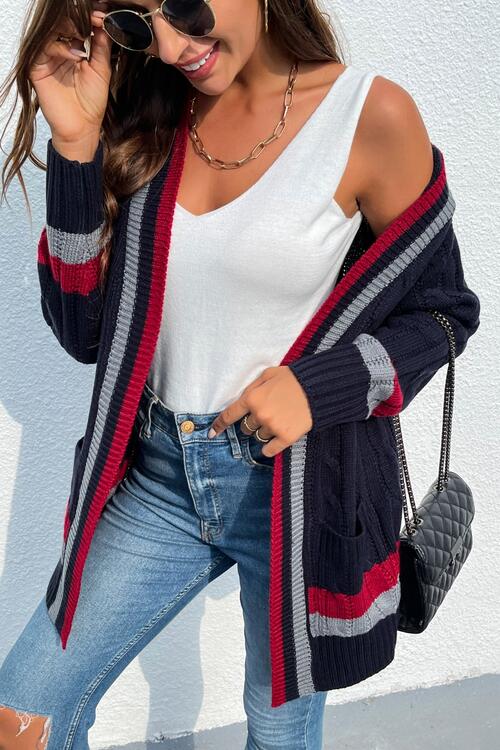 Open Front Striped Long Sleeve Cardigan - Deals DejaVu