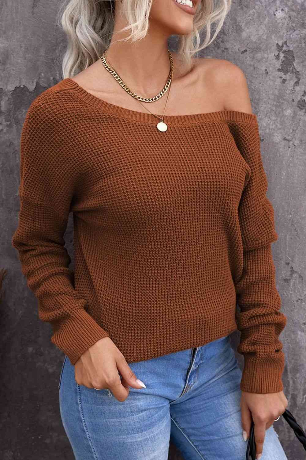 Woven Right Crisscross Back Waffle-Knit Sweater - Deals DejaVu