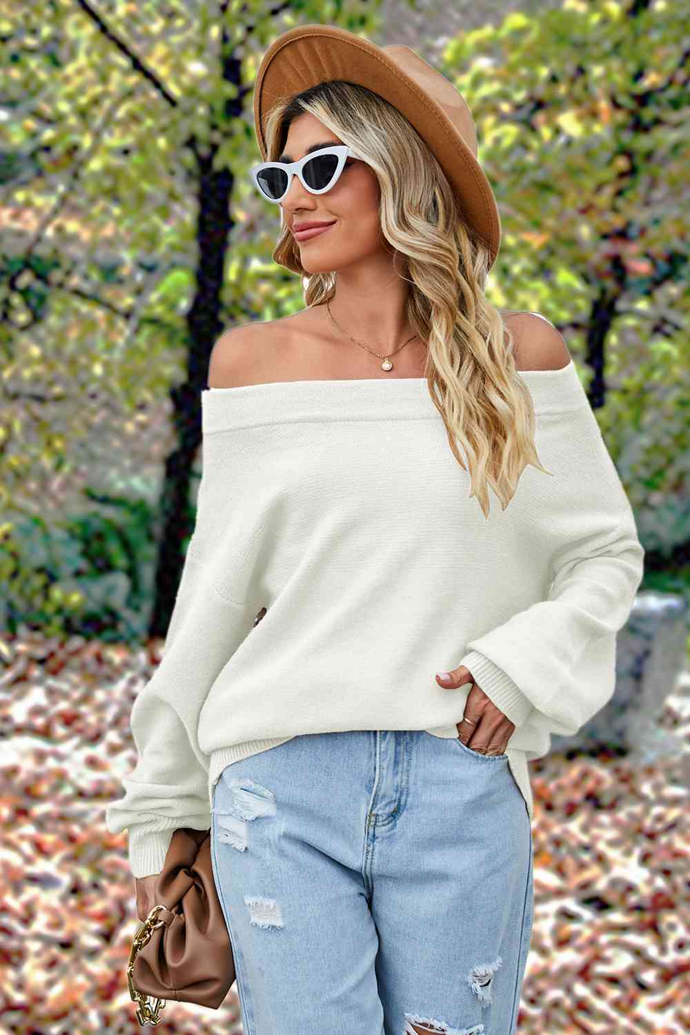 Off-Shoulder Dropped Shoulder Sweater - Deals DejaVu