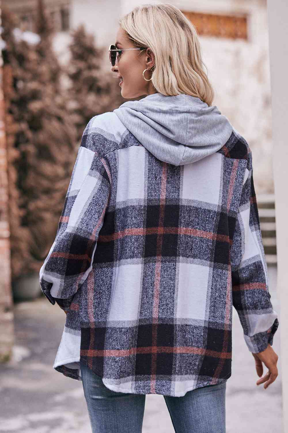 Plaid Dropped Shoulder Hooded Jacket (BFD) T - Deals DejaVu