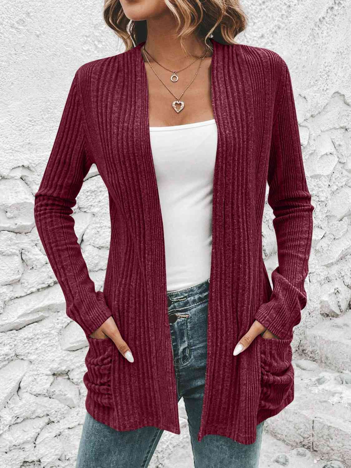 Ribbed Open Front Cardigan with Pockets (BFD) T - Deals DejaVu