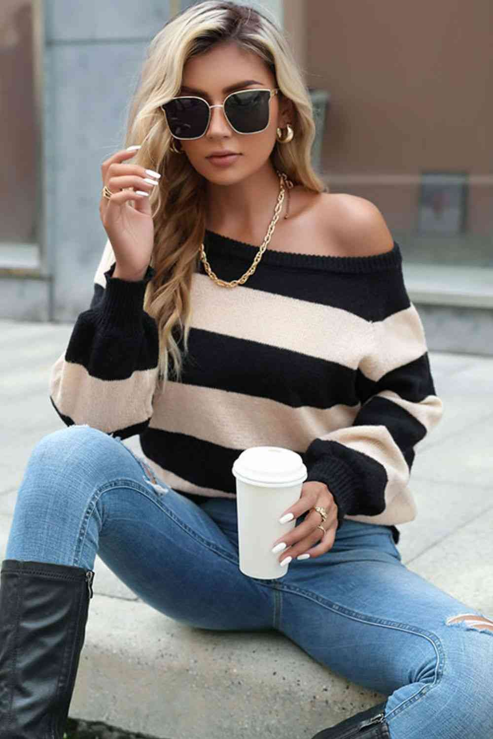 Horizontal Stripe Raglan Sleeve Sweater - Deals DejaVu