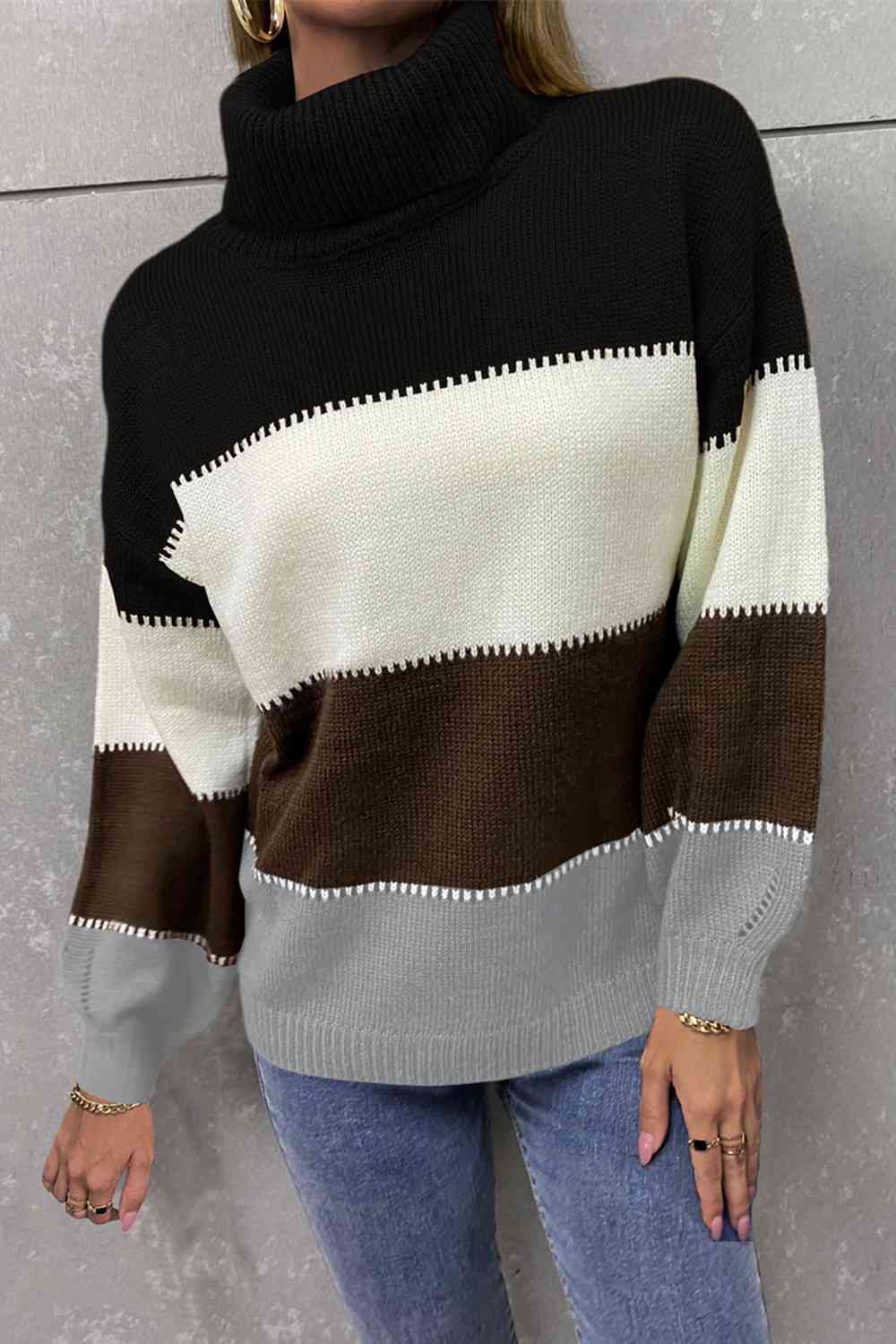 Color Block Lantern Sleeve Turtleneck Sweater - Deals DejaVu