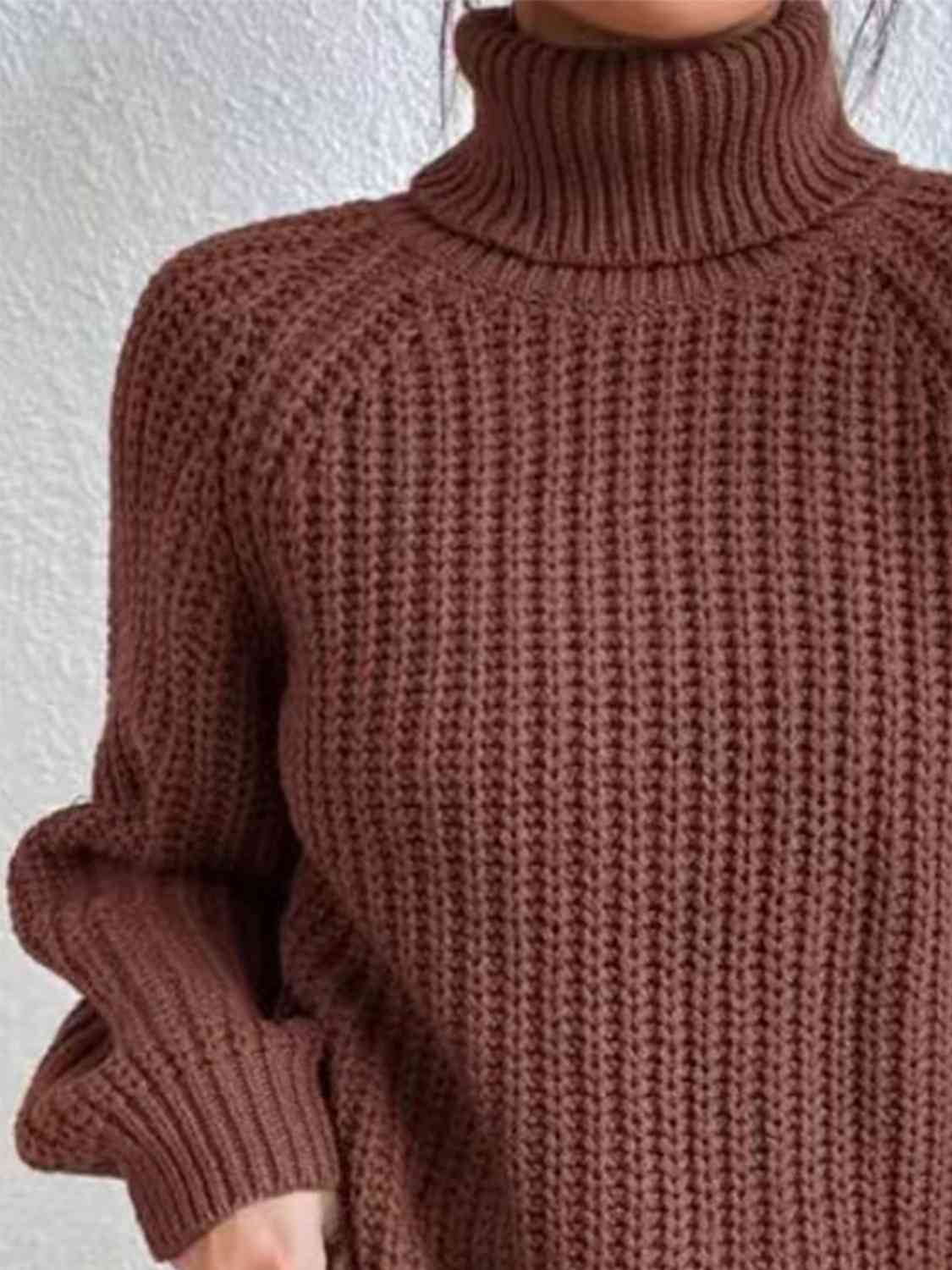 Full Size Turtleneck Rib-Knit Slit Sweater - Deals DejaVu