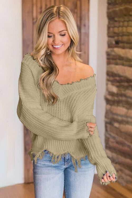 Frayed Hem Dropped Shoulder Sweater - Deals DejaVu