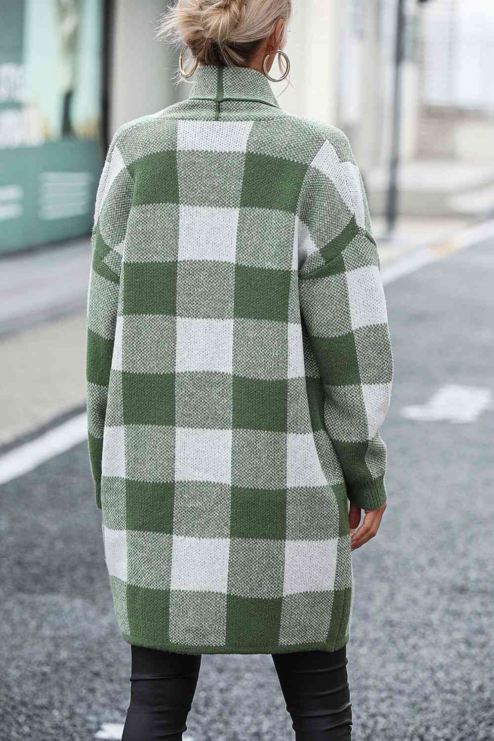 Plaid Dropped Shoulder Cardigan with Pocket - Deals DejaVu