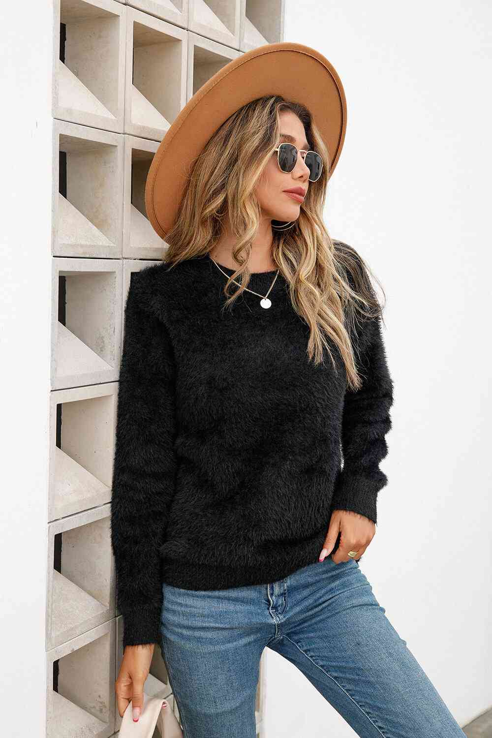 Dropped Shoulder Round Neck Fuzzy Sweater - Deals DejaVu