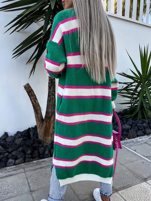 Striped Open Front Longline Cardigan - Deals DejaVu