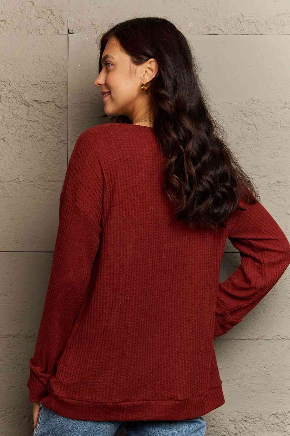 Ninexis Full Size V-Neck Long Sleeve Front Pocket Blouse - Deals DejaVu