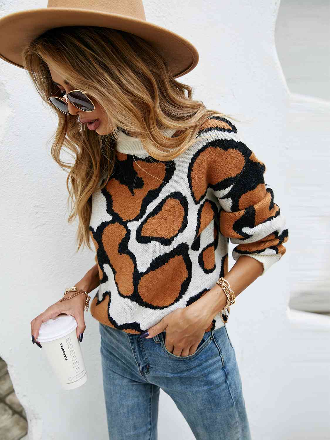 Printed Round Neck Long Sleeve Sweater - Deals DejaVu