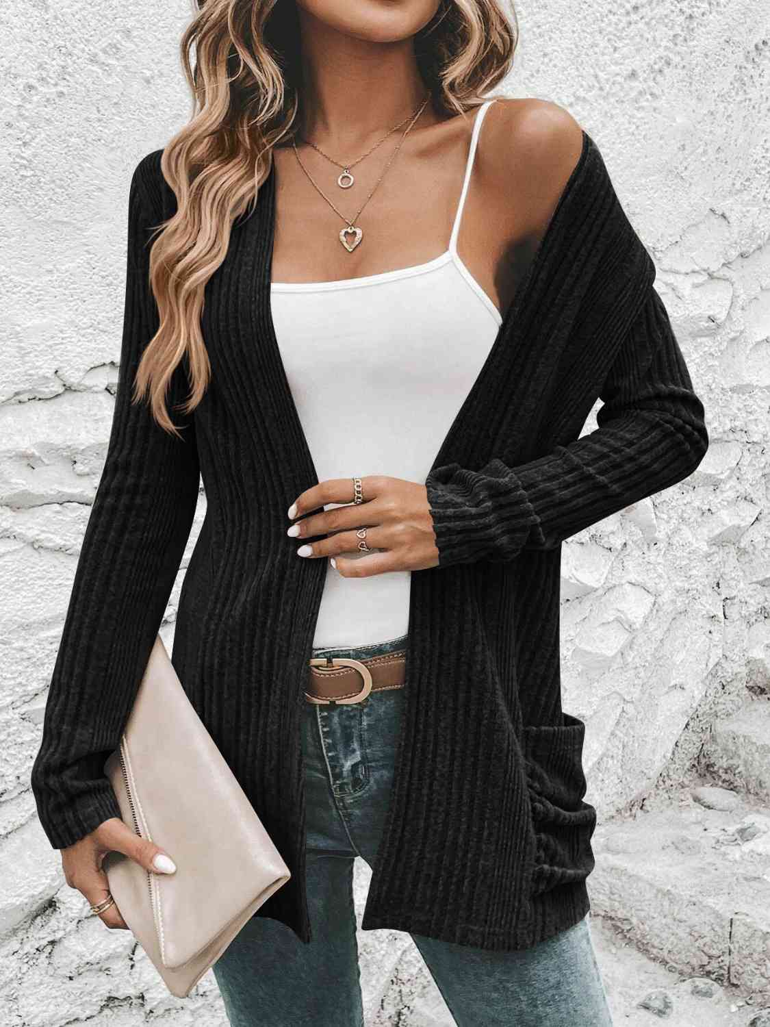 Ribbed Open Front Cardigan with Pockets (BFD) T - Deals DejaVu