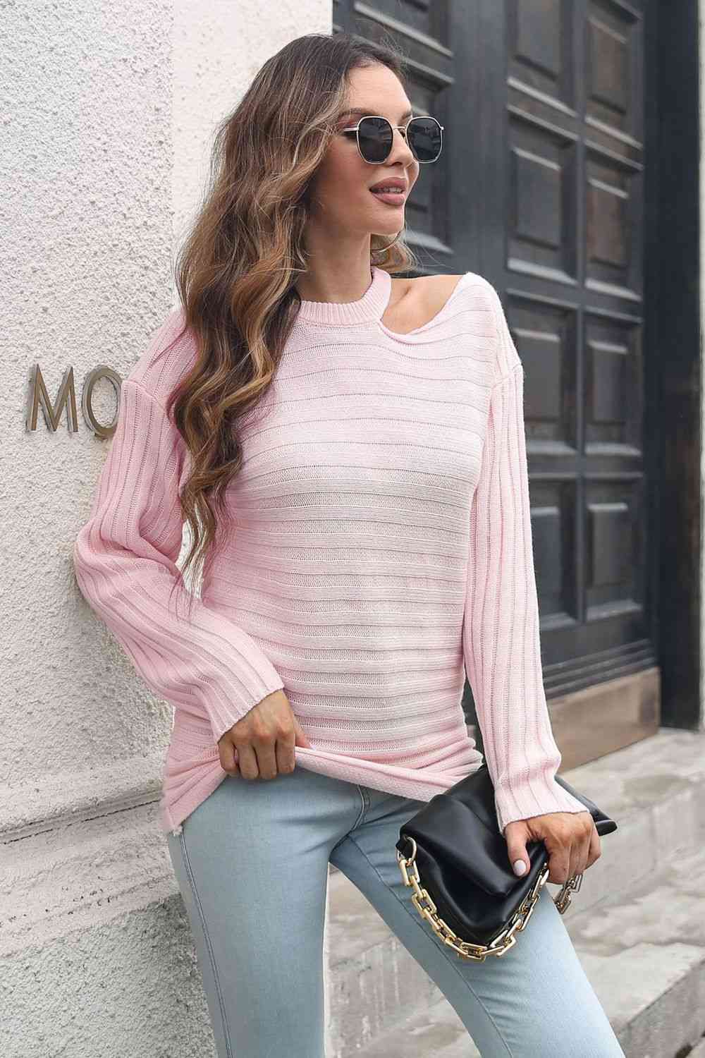 Ribbed Cold Shoulder Round Neck Pullover Sweater - Deals DejaVu