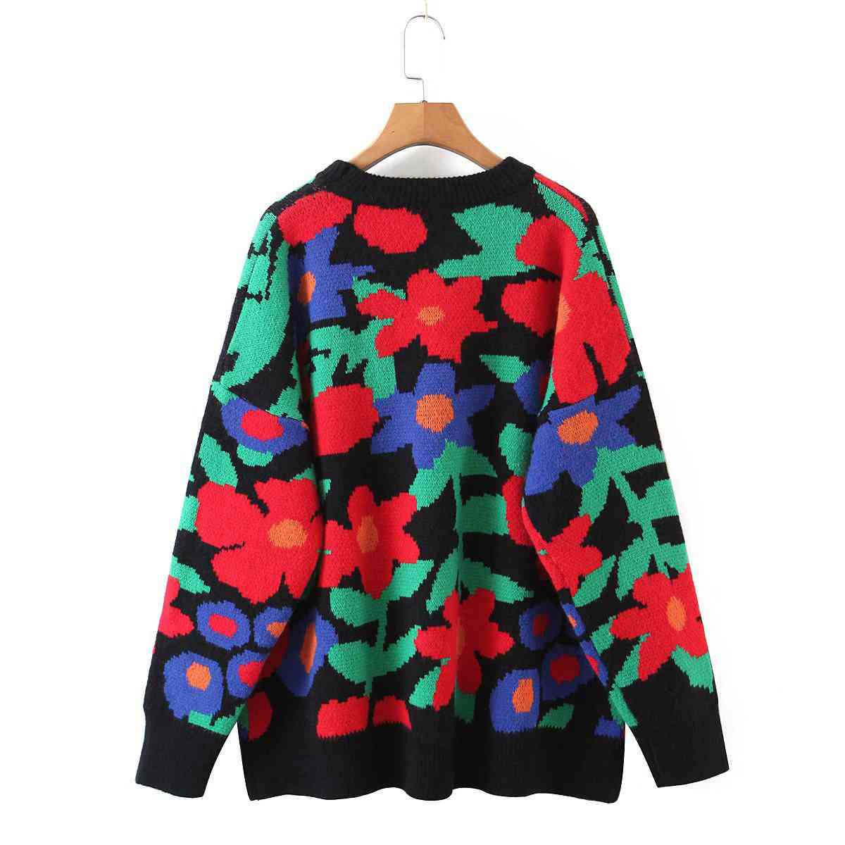 Floral Round Neck Drop Shoulder Sweater - Deals DejaVu