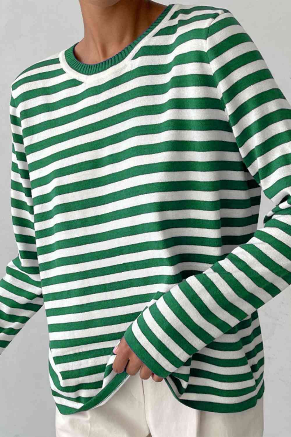 Striped Round Neck Long Sleeve Sweater - Deals DejaVu