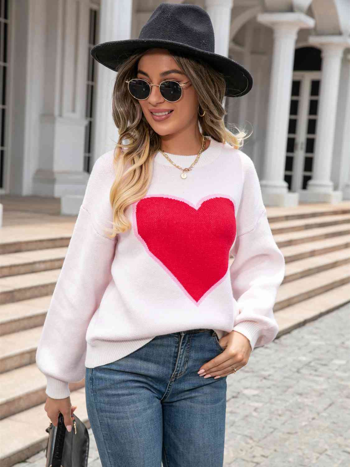 Heart Graphic Round Neck Sweater - Deals DejaVu