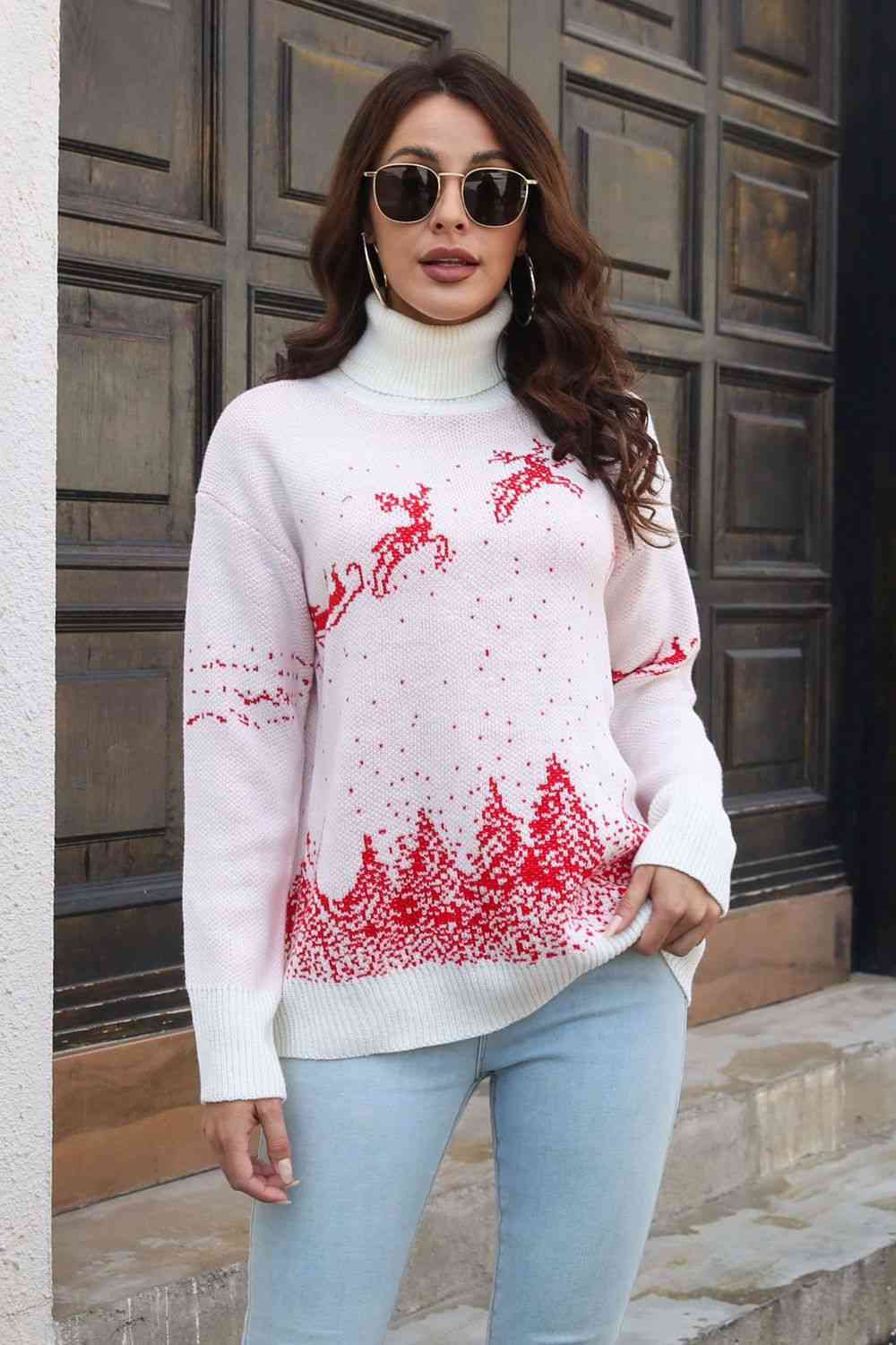 Reindeer & Snow Pattern Turtle Neck Pullover Sweater - Deals DejaVu