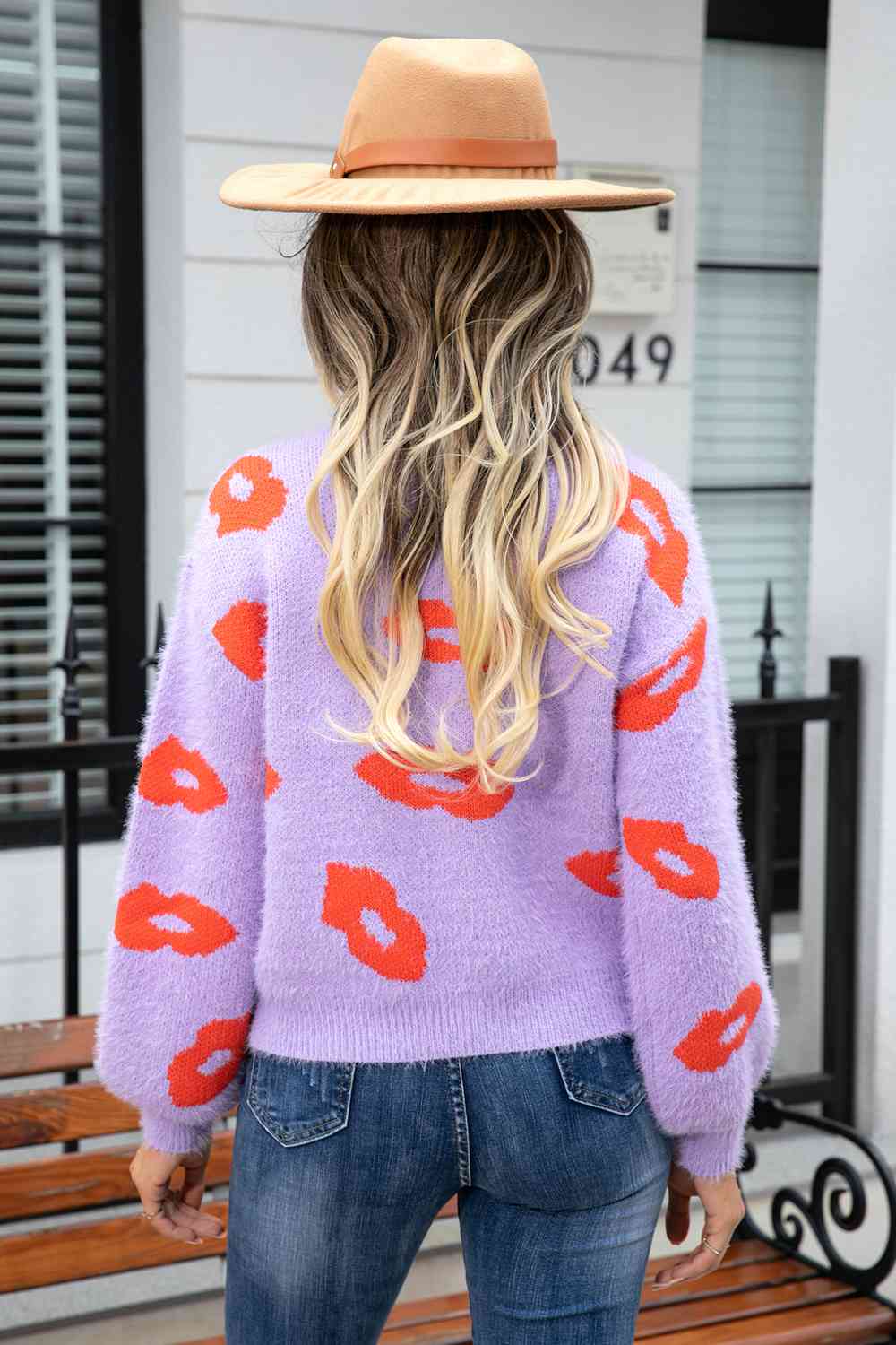 Printed Round Neck Long Sleeve Fuzzy Sweater - Deals DejaVu