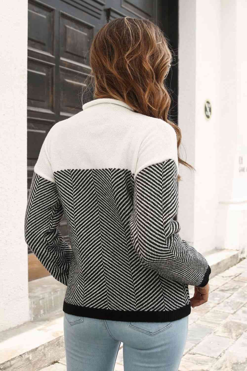 Two-Tone Mock Neck Dropped Shoulder Pullover Sweater - Deals DejaVu