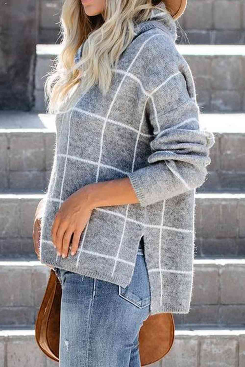 Plaid Turtleneck Drop Shoulder Sweater - Deals DejaVu