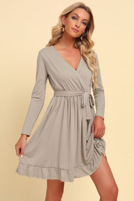 Long Sleeve Tie Waist Ruffle Hem Dress (BWD)(WS06)T - Deals DejaVu