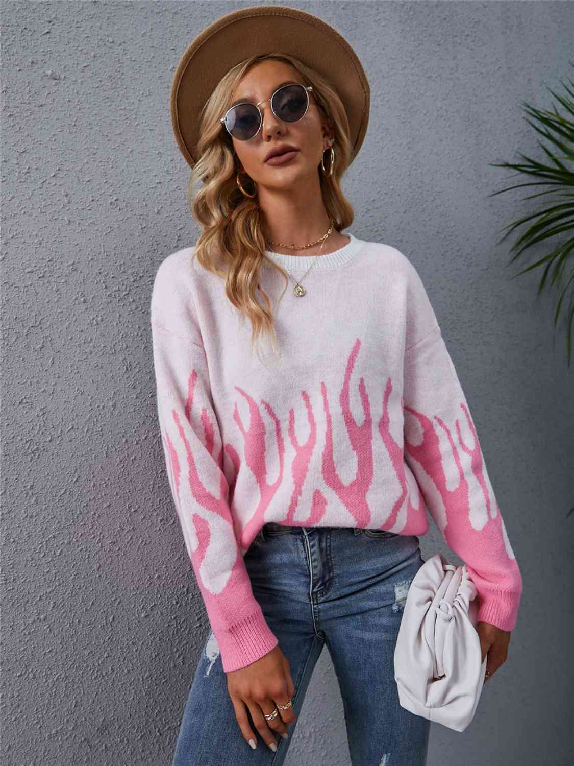 Printed Round Neck Long Sleeve Sweater - Deals DejaVu