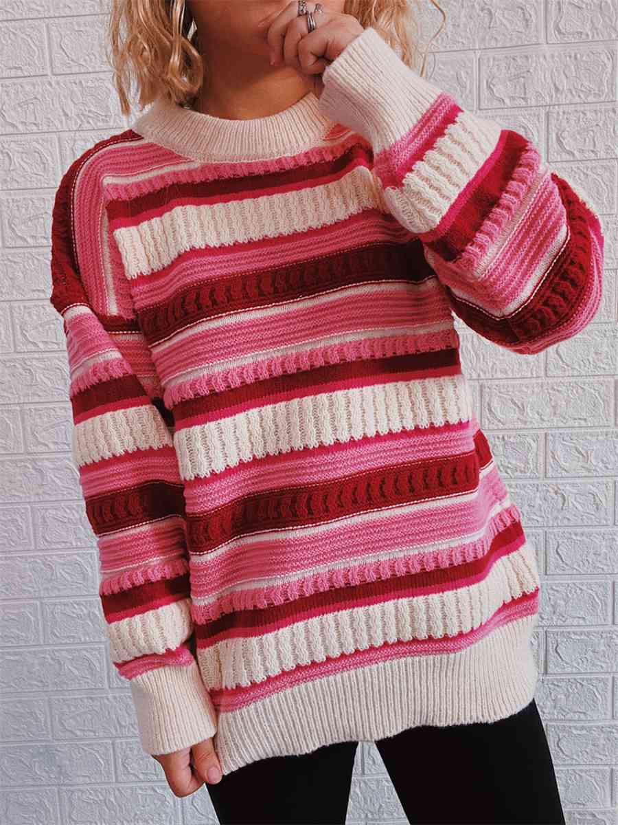 Striped Drop Shoulder Round Neck Sweater - Deals DejaVu