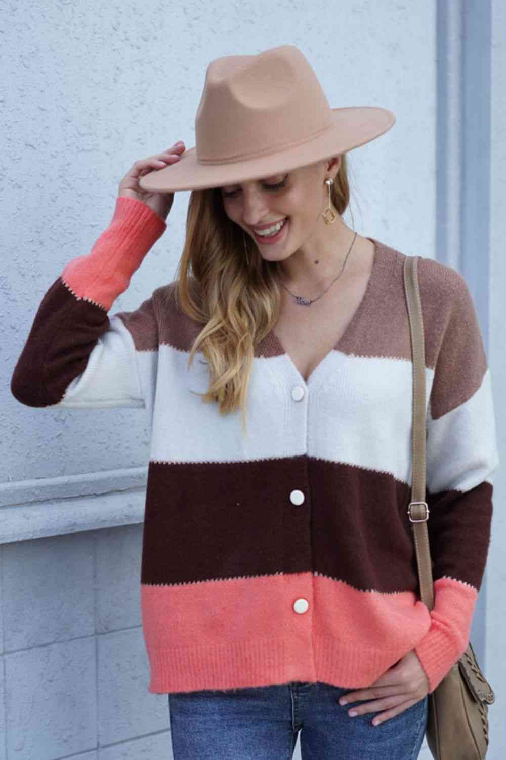 Woven Right Color Block V-Neck Button Down Cardigan