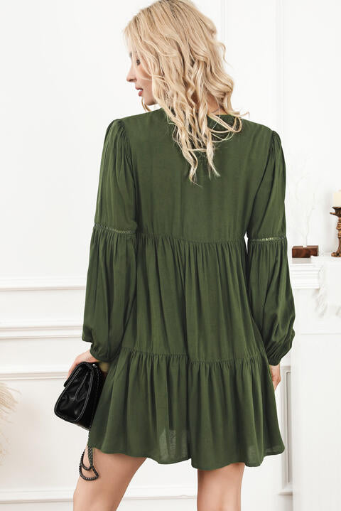 Tie Neck Long Sleeve Tiered Dress (MWBT) T - Deals DejaVu