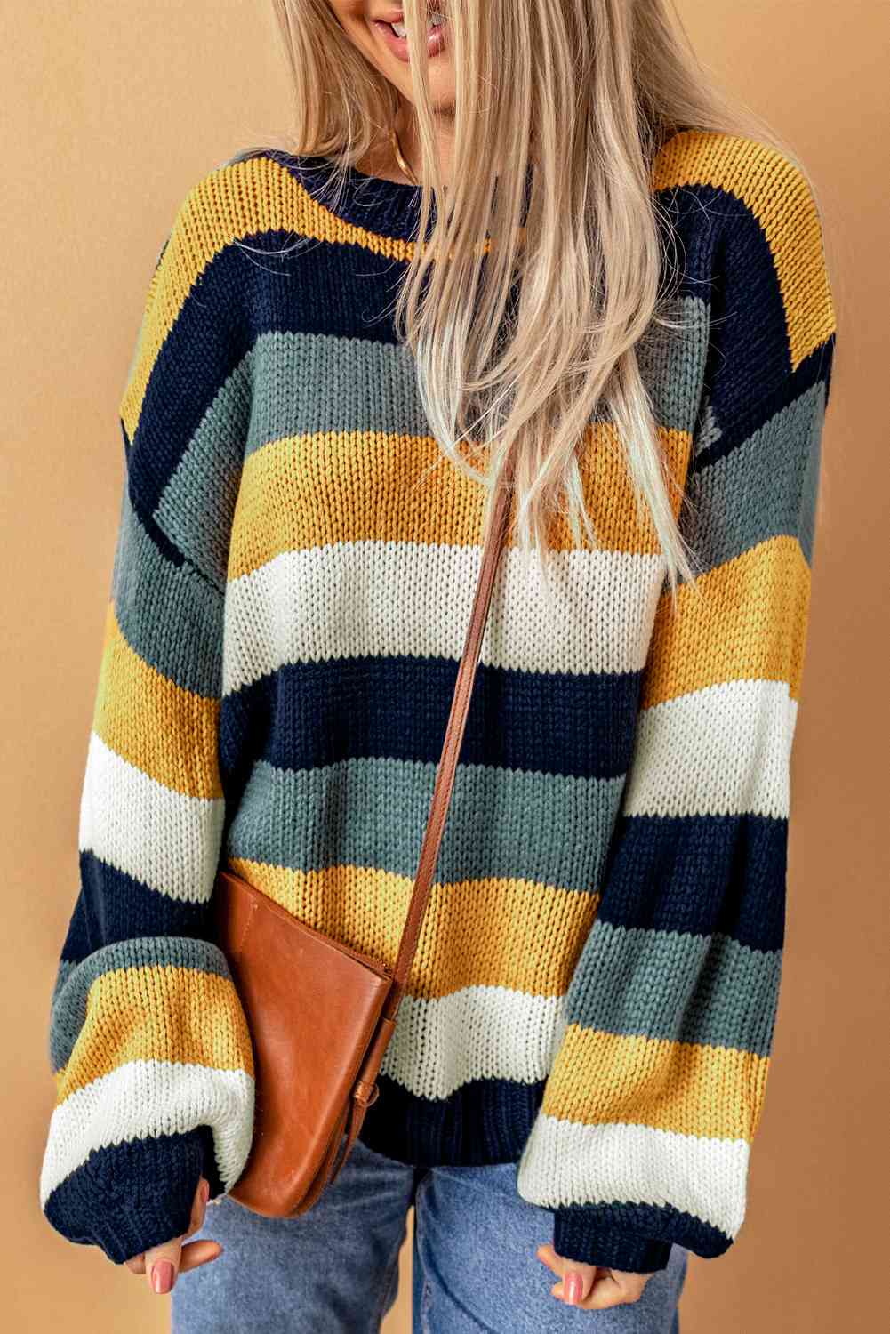 Woven Right Striped Dropped Shoulder Knitted Pullover Sweater